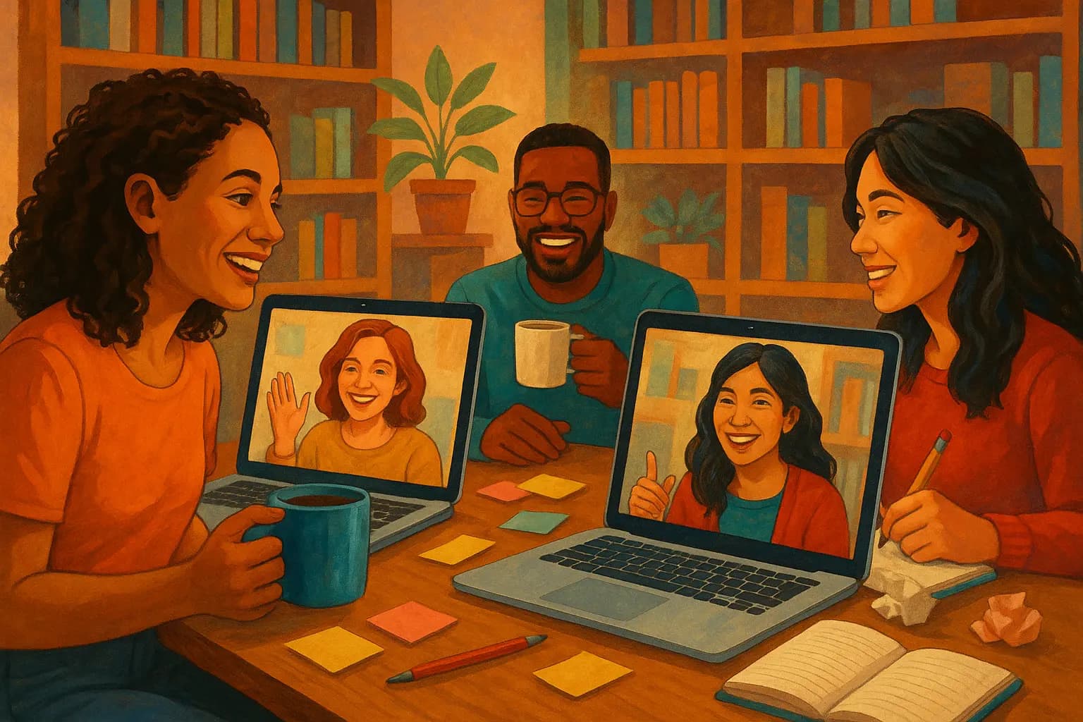 Vibrant digital illustration showing a virtual writing community on laptops, diverse authors exchanging encouragement, warm colors, realistic composition, 3:2 aspect ratio — theme of shared creativity and motivation.