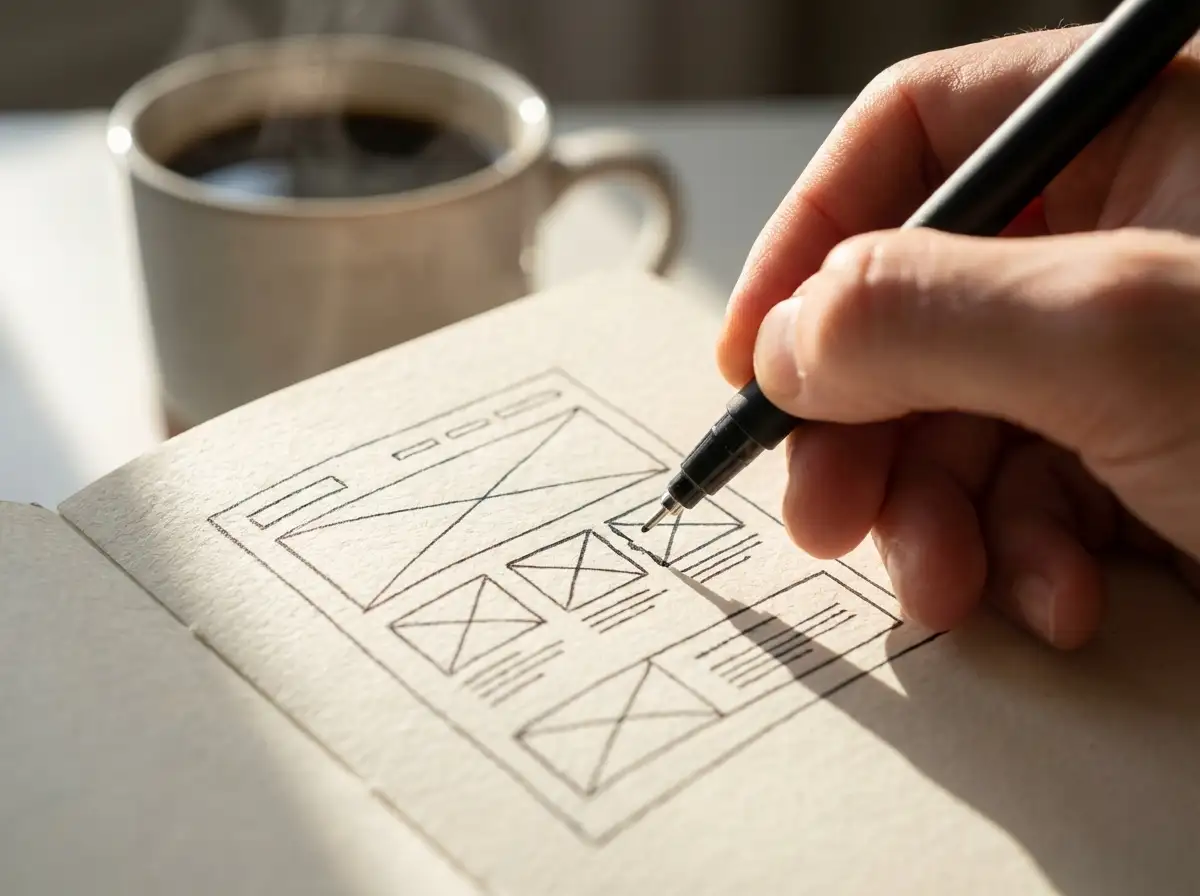 A close up of a person sketching a website structure on a notepad