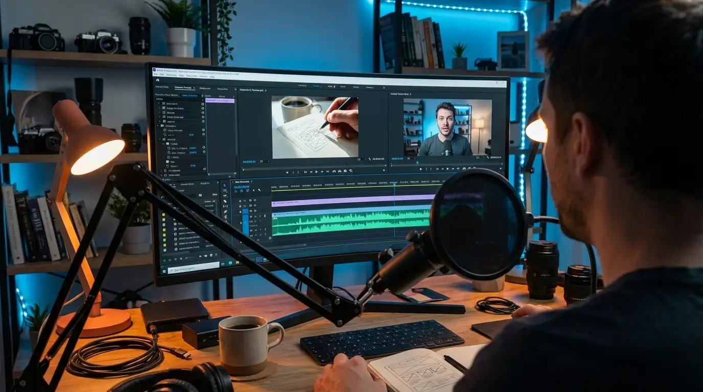 A content creator recording a video tutorial at a desk
