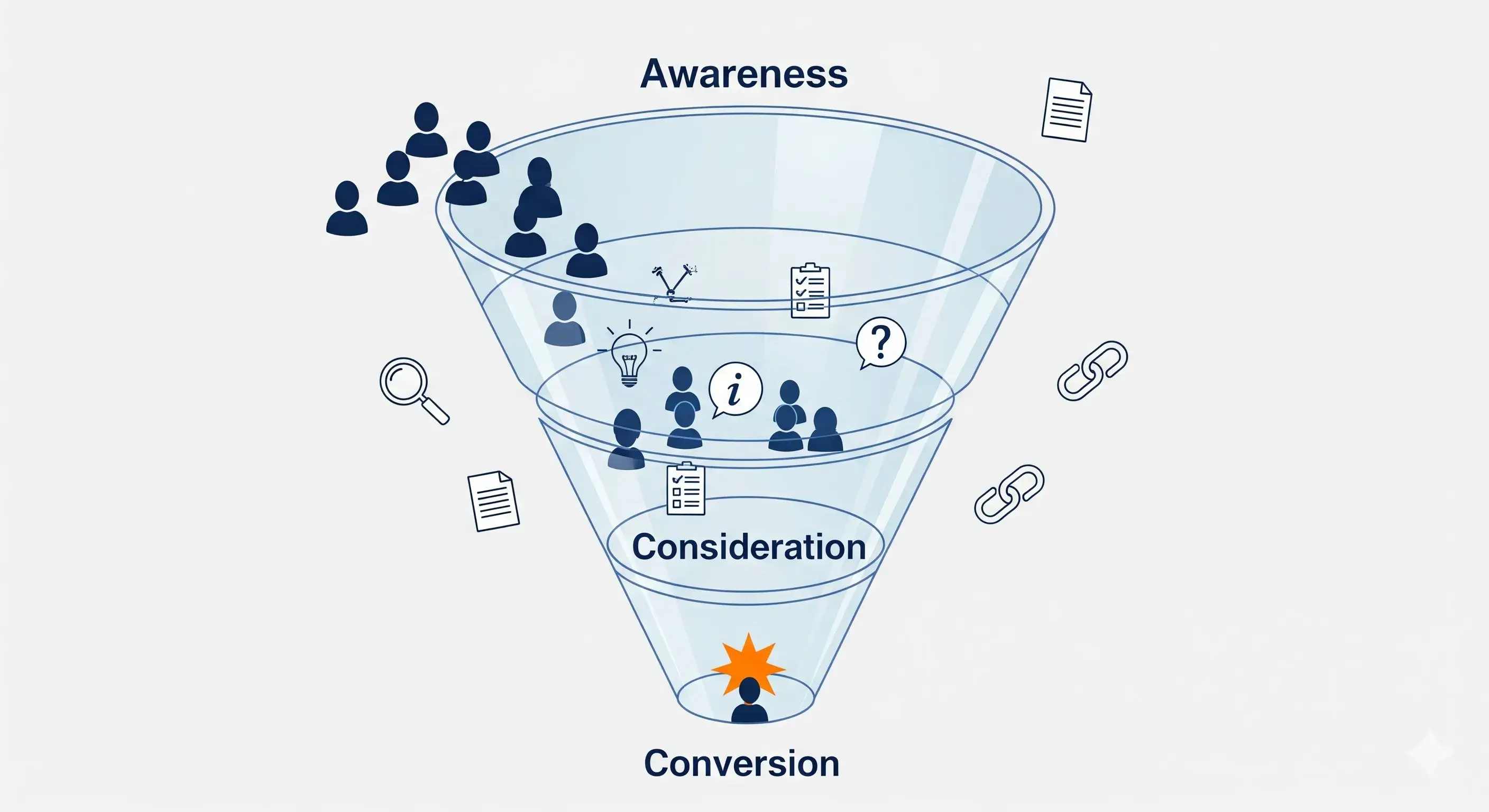 Marketing funnel illustration showing SEO at awareness, consideration, and conversion stages.